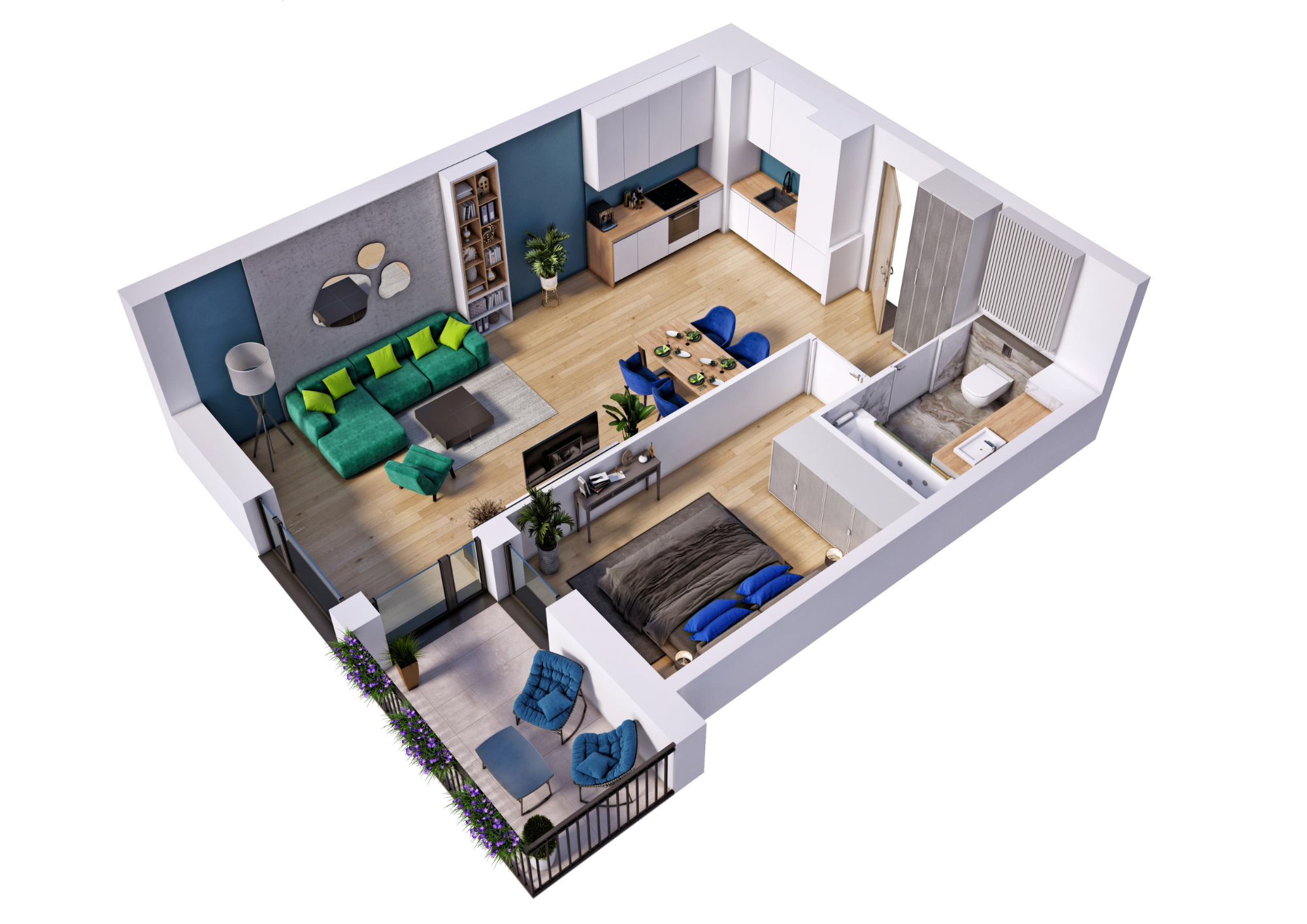 Wizualizacja 3D mieszkania Vista Wawer – salon z aneksem, sypialnia, łazienka oraz balkon z miejscem do wypoczynku.